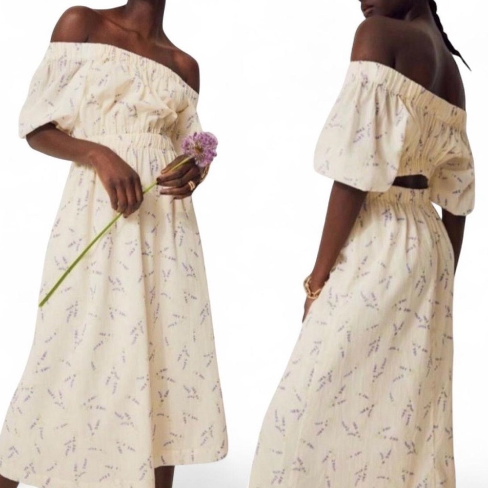 H&M Off Shoulder Midi Dress Organic Cotton Floral Cottagecore L NWT